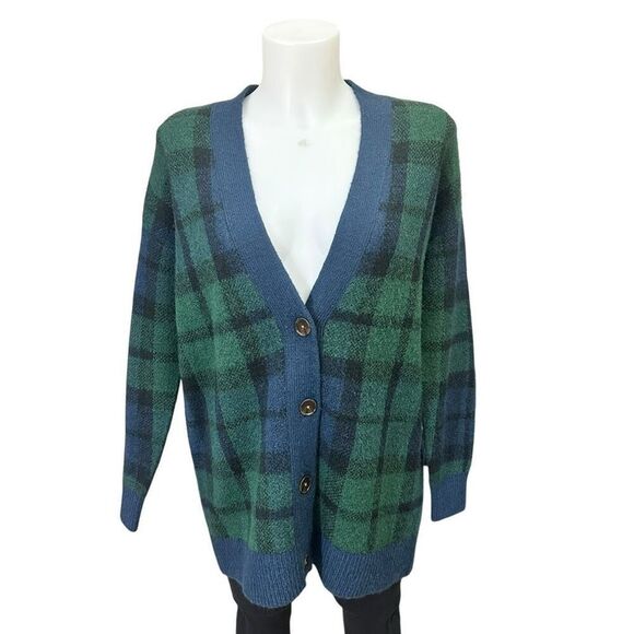 LOFT Green Blue Black Plaid Boyfriend Cardigan Oversized Sz XS Academia - Picture 2 of 9